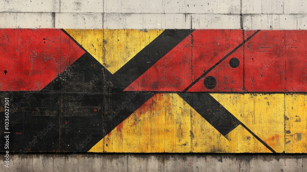 Naklejka premium Bold geometric mural expressing vibrant colors and sharp contrasts in an urban setting with a textured wall background