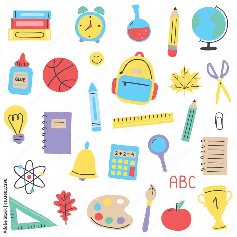 Back to School set with cartoon icons. Supply elements. Vector illustration Back to School set with cartoon icons. Supply elements. Vector illustration