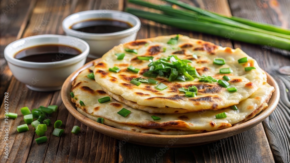 Delicious flatbreads topped with chopped green onions are served on a wooden plate with soy sauce and chili oil dip