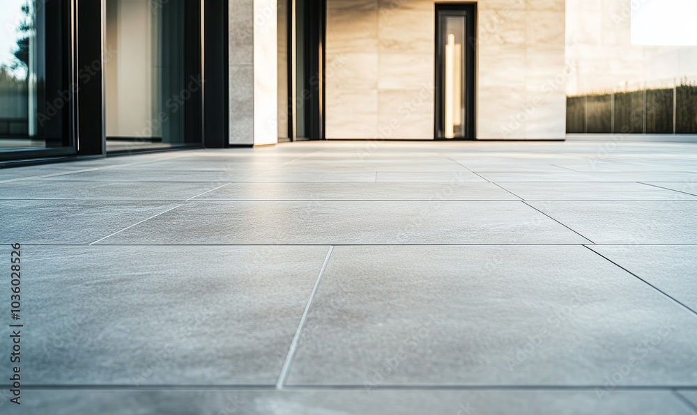 A telephoto angle photo of large format porcelain paving slabs with a sleek, modern finish, arranged to form a stylish and contemporary patio, with copy space