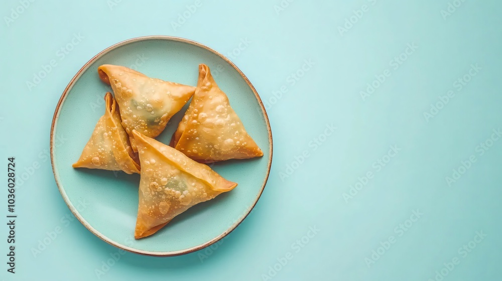 Samosa with a soft spinach filling, served on a stoneware plate, isolated on a delicate pastel blue background Samosa with a soft spinach filling, served on a stoneware plate, isolated on a delicate pastel blue background