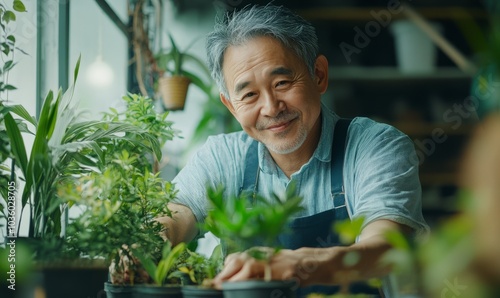 A senior Asian man working in a planting hobby room with happiness and concentrait. Idea for green lover who plants tree and botany in corner of the photo