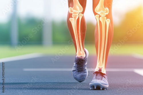 Anatomical depiction of human leg bones while running, highlighting movement and athleticism in sports and fitness. photo