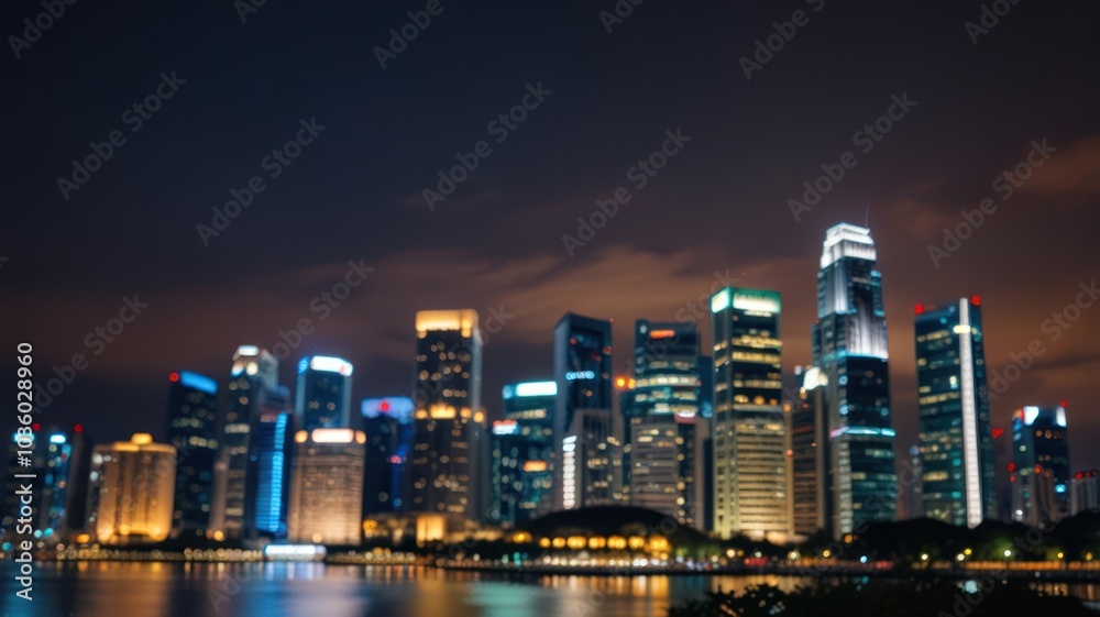 A blurred view of a cityscape at night, with bright lights from the buildings reflected in the water. A blurred view of a cityscape at night, with bright lights from the buildings reflected in the water.