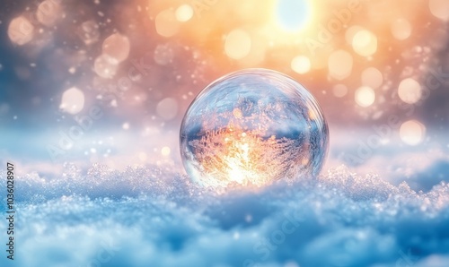 A mystical quartz ball rests on snow against a winter evening background. A perfect addition for the winter solstice and Yule rituals