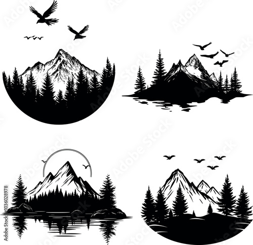 Mountain Landscape with Pine Trees and Lake Reflection - Minimalist Black and White Vector Art Featuring a Serene Scene of Nature, Ideal for Outdoorsy Prints, Wall Art,
