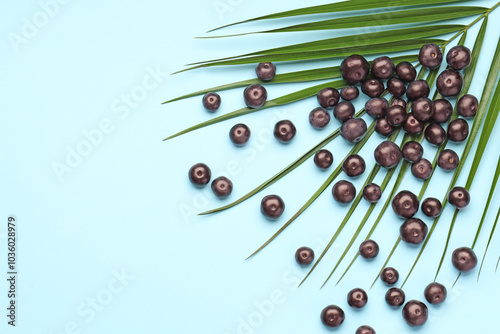 Ripe acai berries and palm leaves on light blue background, flat lay. Space for text photo