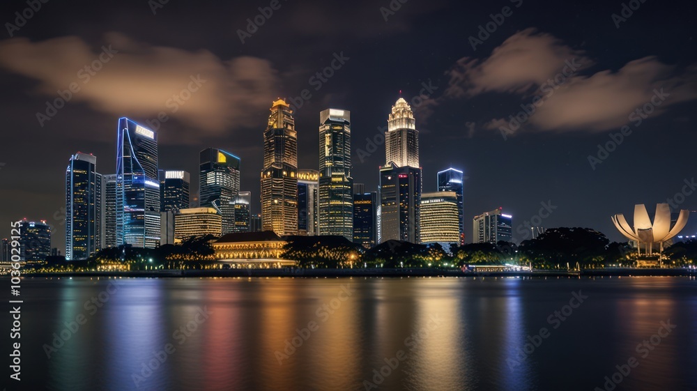 Fototapeta premium A panoramic view of a city skyline at night, with skyscrapers illuminated and reflecting in the water.