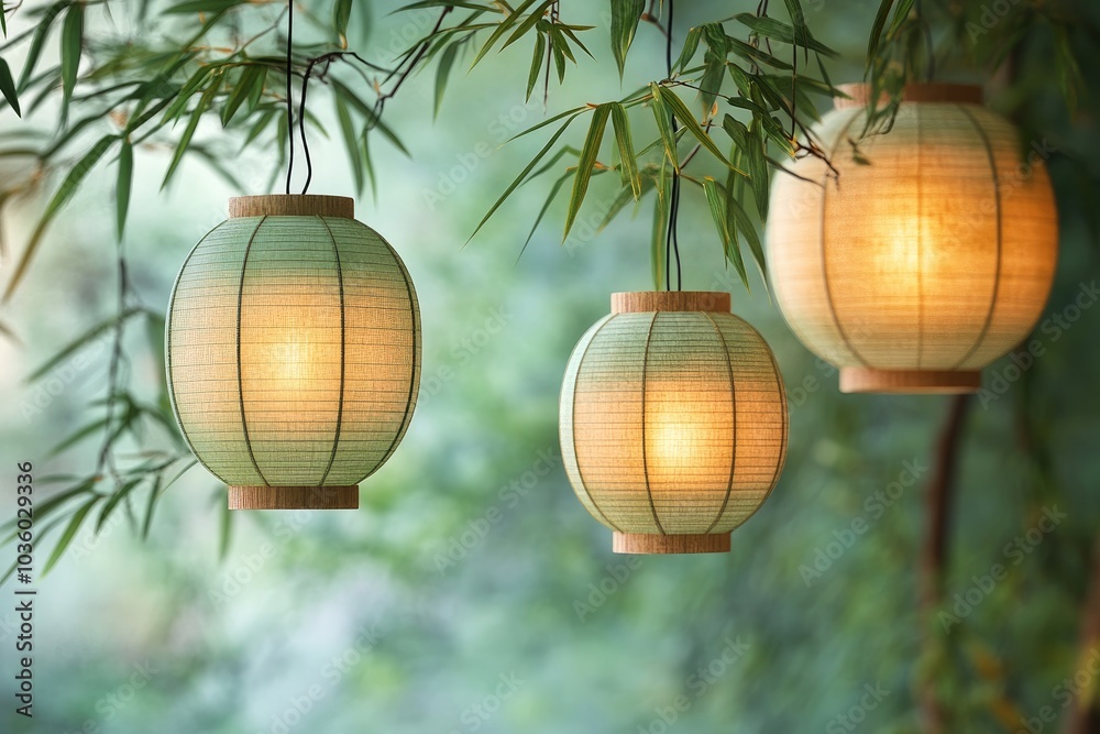 Serene Paper Lanterns Hanging Amidst Lush Green Bamboo in Tranquil Outdoor Setting Serene Paper Lanterns Hanging Amidst Lush Green Bamboo in Tranquil Outdoor Setting