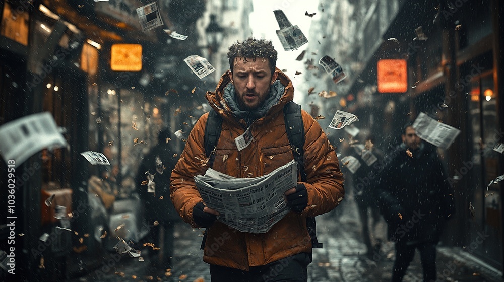Man reading a newspaper in a bustling street. Man reading a newspaper in a bustling street.