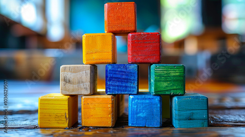 Stacked colorful wooden blocks on table

 photo