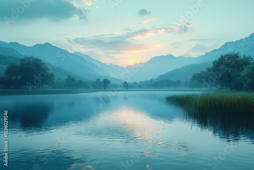 A peaceful lake at dawn, showing nature in its untouched state. Concept of serenity.