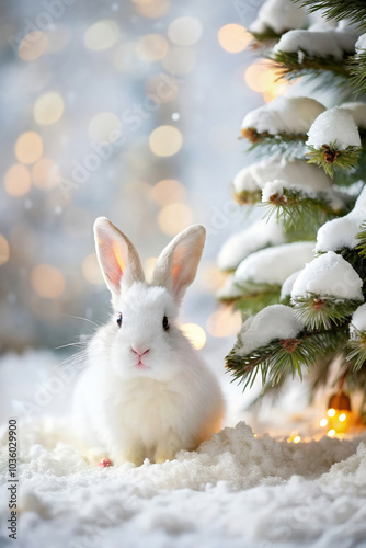 A gentle white rabbit sitting in fresh snow near a snow-covered spruce tree. Ideal for holiday cards, winter scenes, animal-themed decor, and seasonal projects.