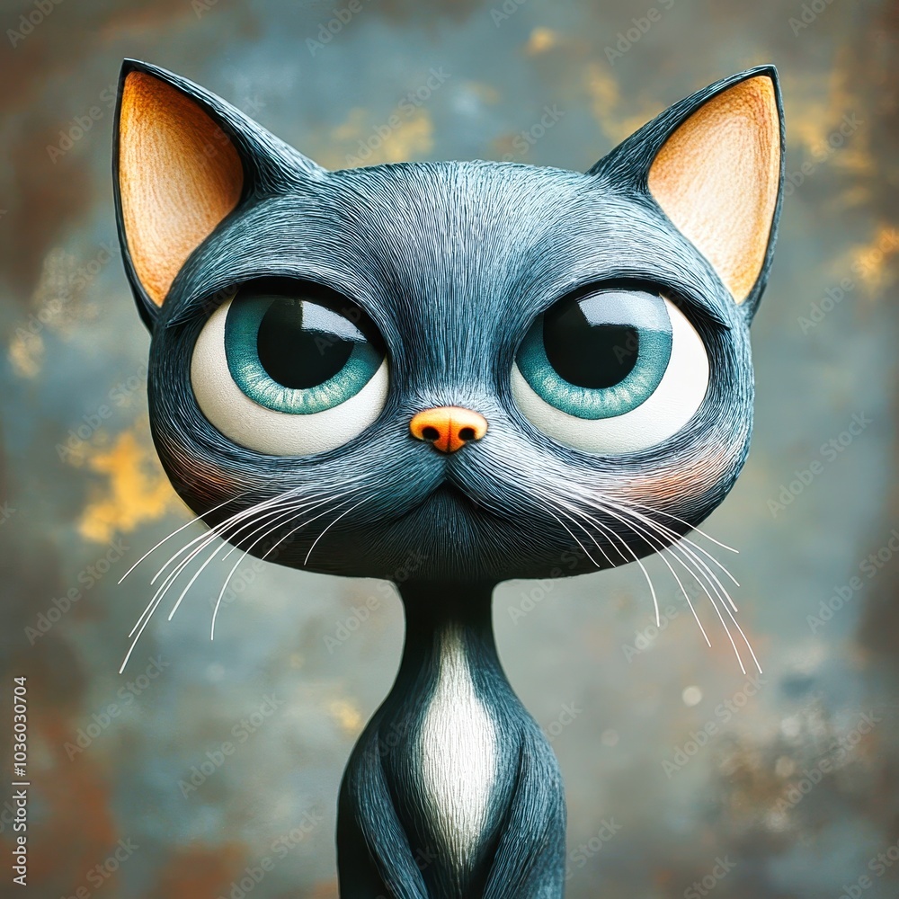 Black cat sitting and staring with big eyes in front of textured ...