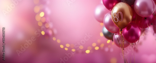 80th birthday,  anniversary, party invitation; pink card background; colourful balloons isolated over optimistic pink backdrop photo