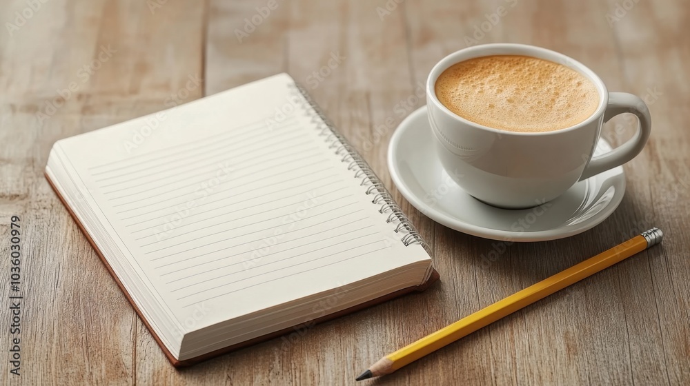 Morning ambiance with a warm cup of coffee beside an open notebook and a pencil on a wooden table Morning ambiance with a warm cup of coffee beside an open notebook and a pencil on a wooden table