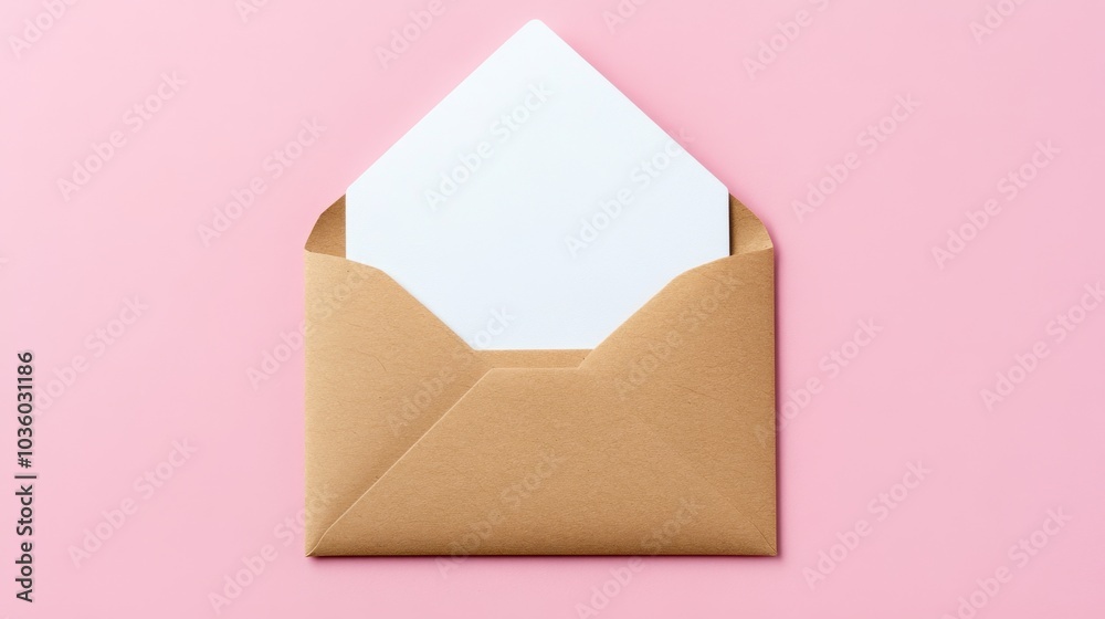 A simple brown envelope cradling a blank white letter nestled on a soft pink background A simple brown envelope cradling a blank white letter nestled on a soft pink background