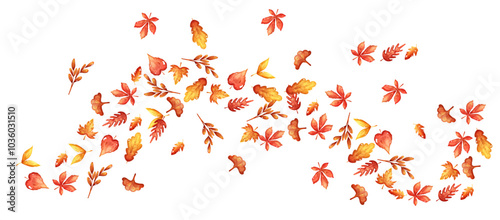 Flying golden leaf wave isolated on transparent background. Vector fall illustration