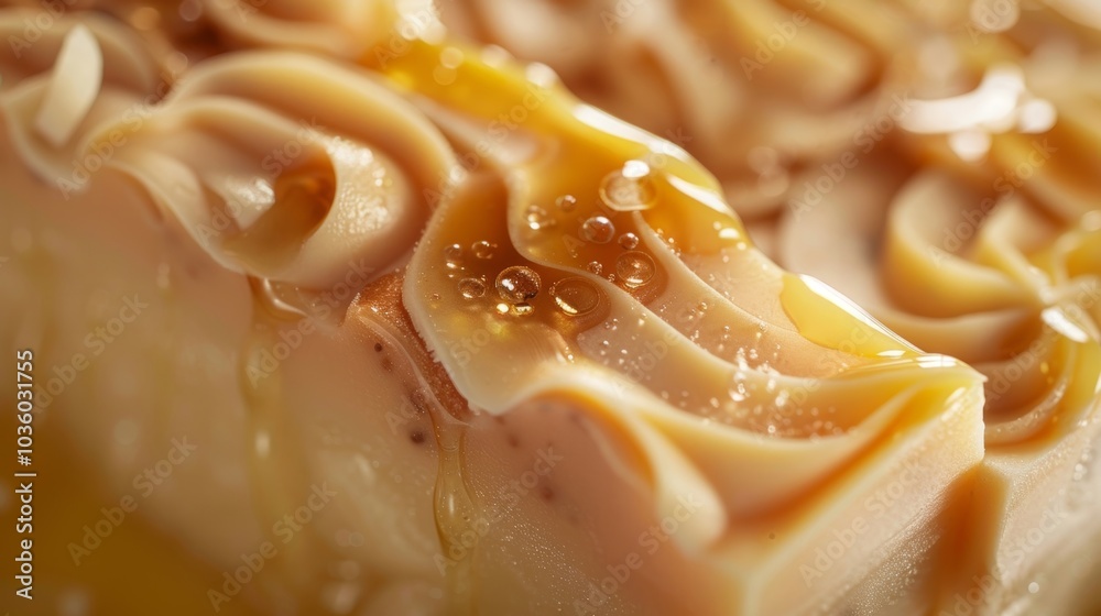 A closeup shot of a slice of handmade soap highlighting the smooth and velvety texture of the soaps top layer which is made of whipped cocoa butter and drizzled with honey. The soap A closeup shot of a slice of handmade soap highlighting the smooth and velvety texture of the soaps top layer which is made of whipped cocoa butter and drizzled with honey. The soap