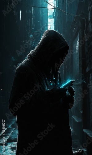 Hooded figure in dark alley with glowing phone.