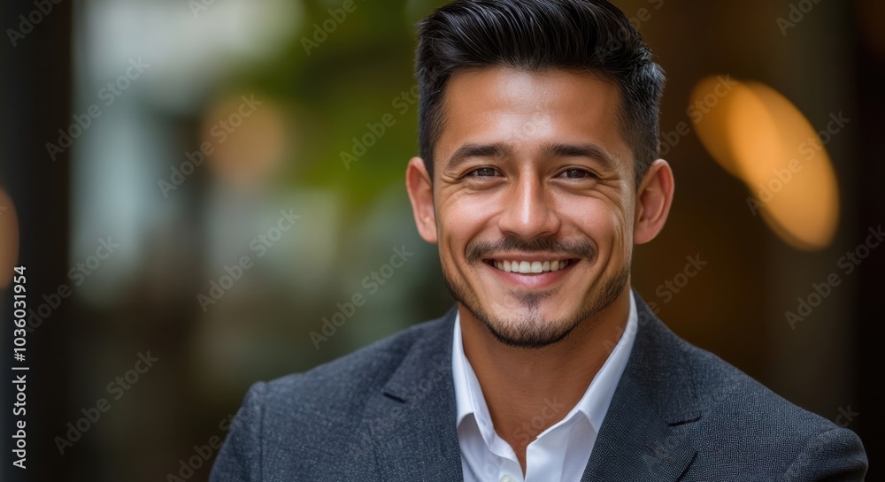Obraz premium Smiling young man in a suit holding a blank card in a cheerful outdoor setting during a sunny afternoon in an urban environment