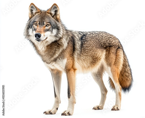 A lone grey wolf stands on a white background, looking directly at the camera.