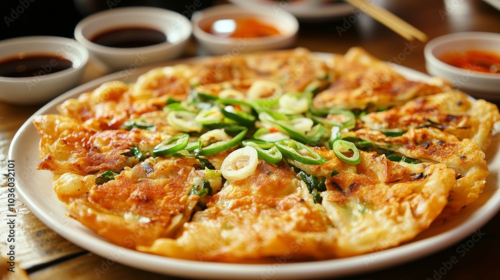 A delightful platter of Korean haemul pajeon, savory seafood and scallion pancakes served with soy dipping sauce, Pajeon platter centered A delightful platter of Korean haemul pajeon, savory seafood and scallion pancakes served with soy dipping sauce, Pajeon platter centered