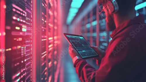 Obraz na płótnie Computer engineer using digital tablet with server room, data center, big data storage as backgrounds, digital technology, database, IT support, telecommunication, Generative AI