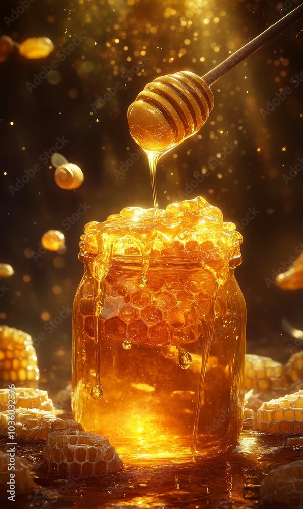 Golden honey dripping from a jar and honeycomb. Golden honey dripping from a jar and honeycomb.