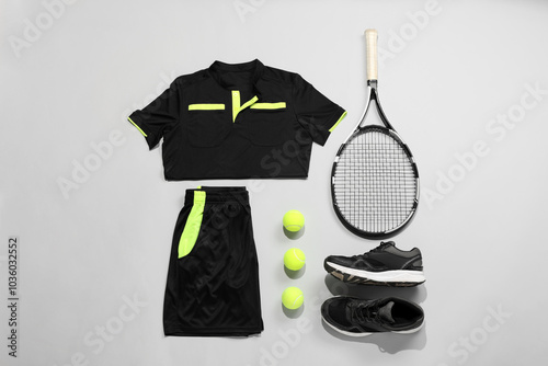 Tennis racket, balls and sportswear on light background, flat lay