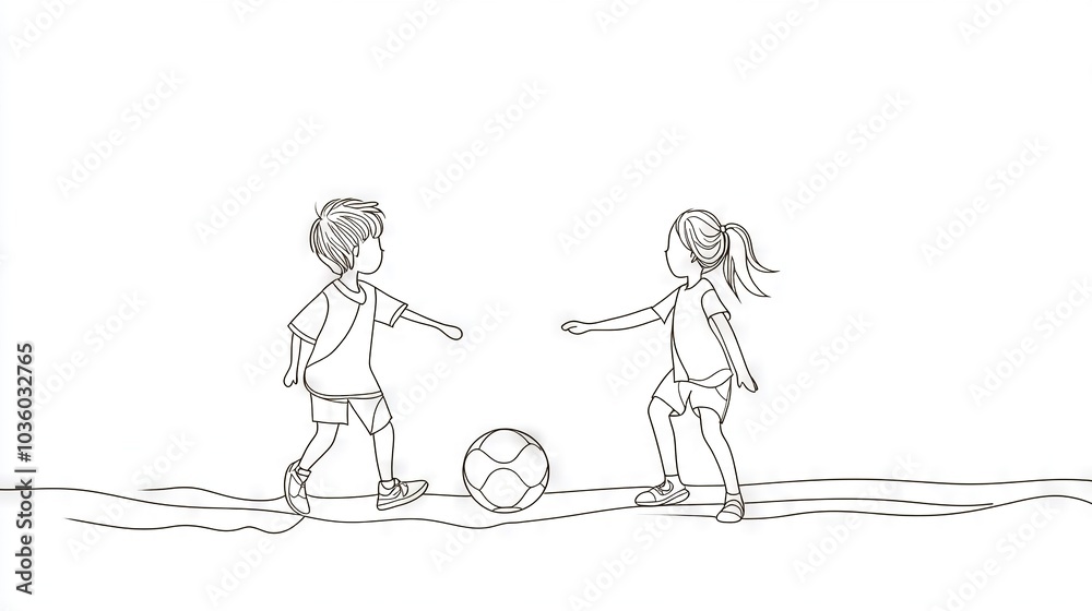   A black-and-white image of two kids playing soccer on a sandy beach against a blue sky