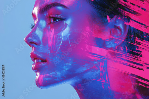 Futuristic Neon Portrait of Woman with Colorful Light Effects in Surreal Style