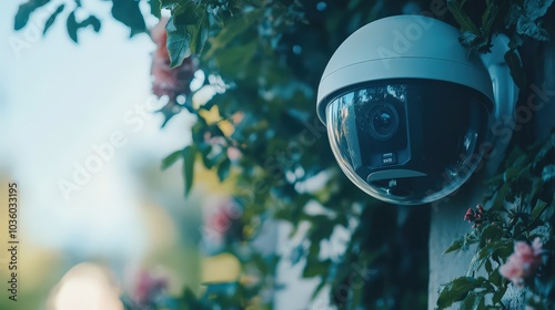 A security camera surrounded by greenery, capturing a modern blend of nature and technology. photo