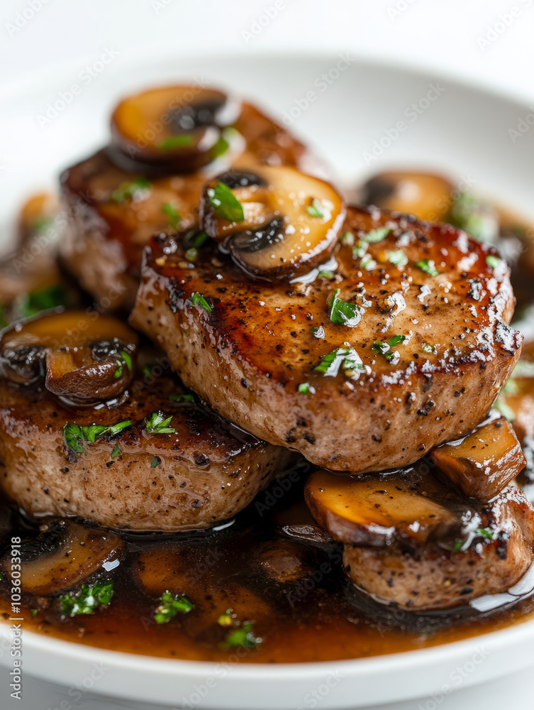 Succulent pork chops with mushrooms in a rich sauce. Succulent pork chops with mushrooms in a rich sauce.
