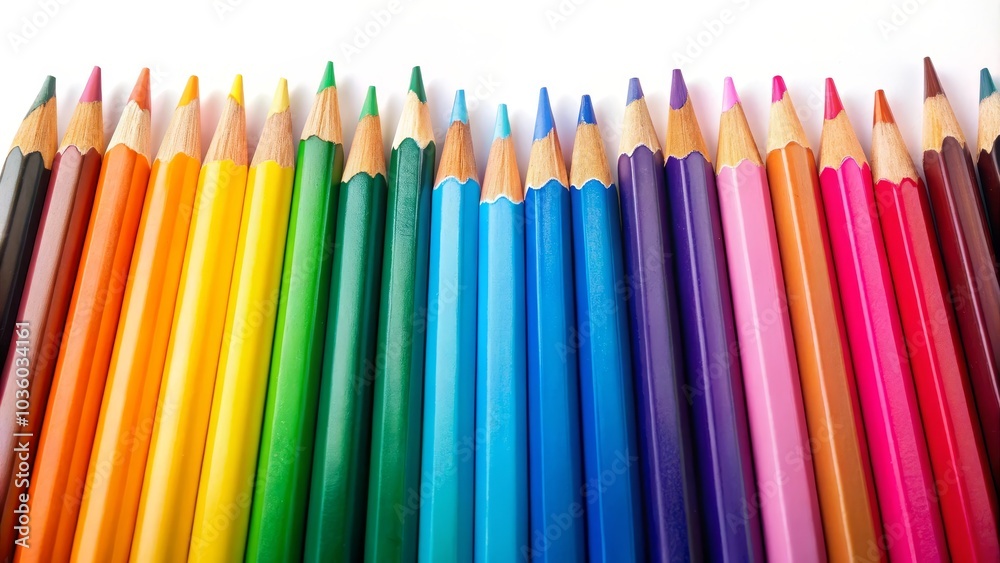 Row of many different colored pencils is standing on end on a white surface Row of many different colored pencils is standing on end on a white surface