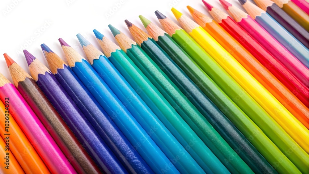 Row of many different colored pencils is standing on end on a white surface Row of many different colored pencils is standing on end on a white surface