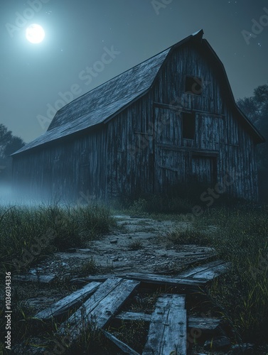 Abandoned Barn in Moonlit Night with Broken Path and Fog, Creating an Eerie and Mysterious Atmosphere