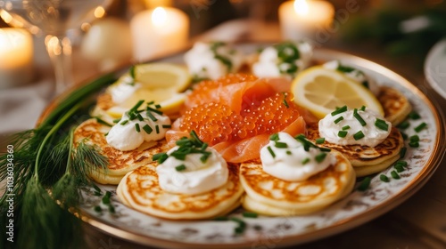 A delightful platter of Russian blini topped with sour cream, smoked salmon, and caviar