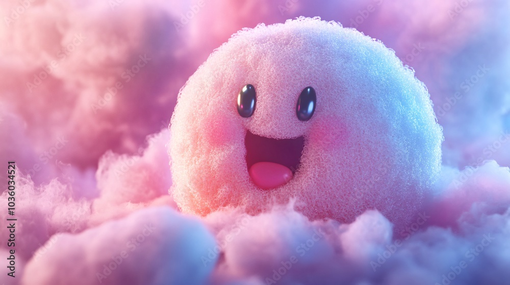 Smiling fluffy cloud with pink and purple hues. Smiling fluffy cloud with pink and purple hues.