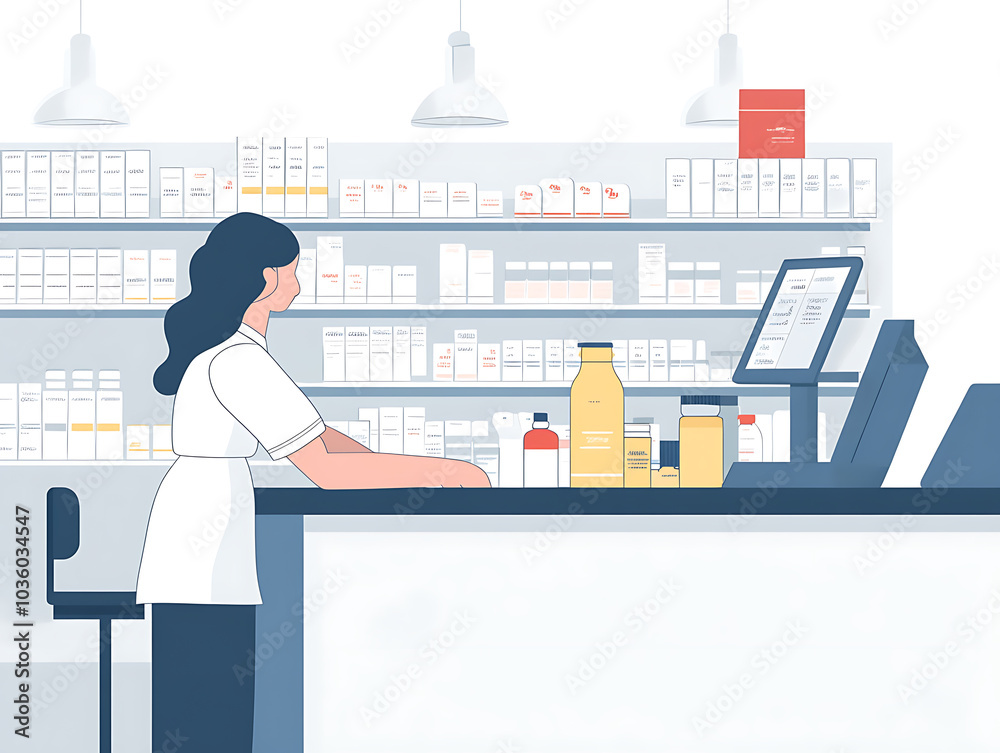 Pharmacist in front of medicine shelves on drug store background Pharmacist in front of medicine shelves on drug store background