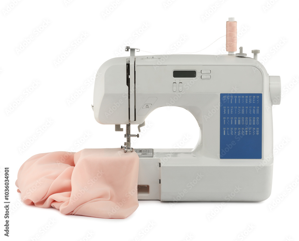 Fototapeta premium Sewing machine with cloth isolated on white