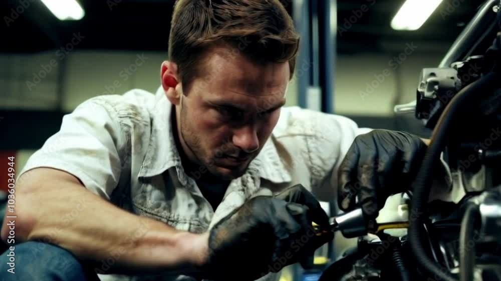 A young mechanic communicating on a smartphone in a busy workshop A young mechanic communicating on a smartphone in a busy workshop