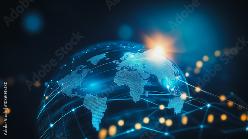 abstract business connection of line from nail node to node on world map background Innovation network points Earth's surface