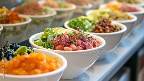 A delightful poke bowl bar with choices like tuna, salmon, and tofu