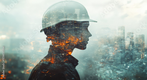 double exposure image of construction worker in hard hat, blending with cityscape, symbolizes urban development and progress. scene is vibrant and dynamic