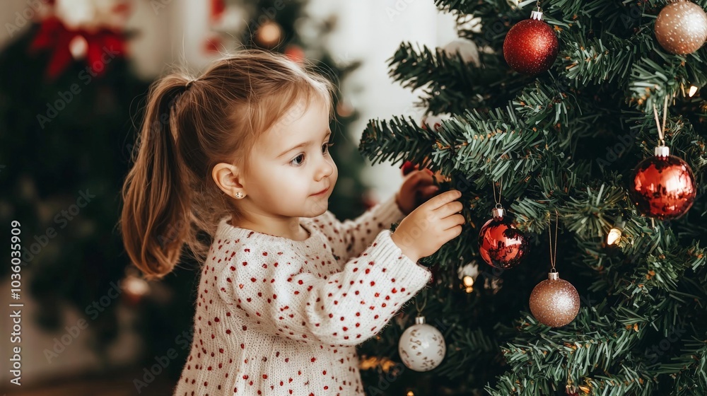 A young girl decorates a Christmas tree with ornaments, capturing the joy of the holiday season in a cozy setting. A young girl decorates a Christmas tree with ornaments, capturing the joy of the holiday season in a cozy setting.