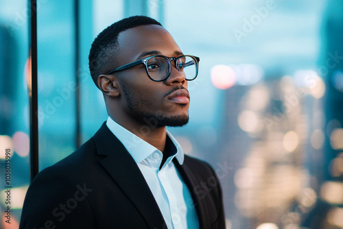 Confident Young Man in Suit Overlooking City Skyline