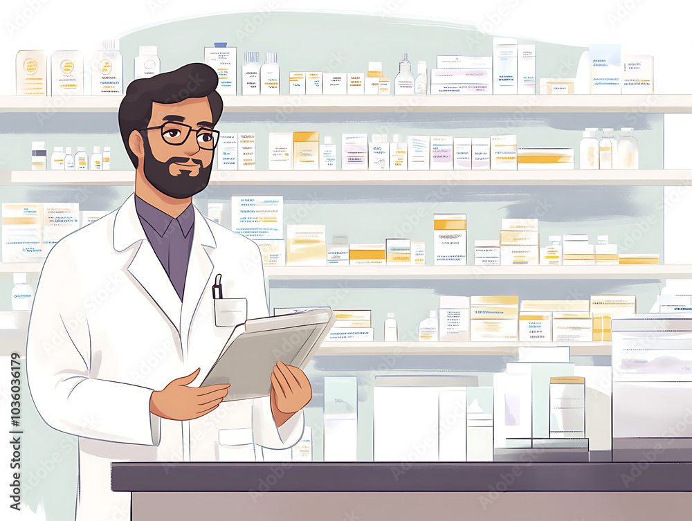 custom made wallpaper toronto digitalPharmacist in front of medicine shelves on drug store background