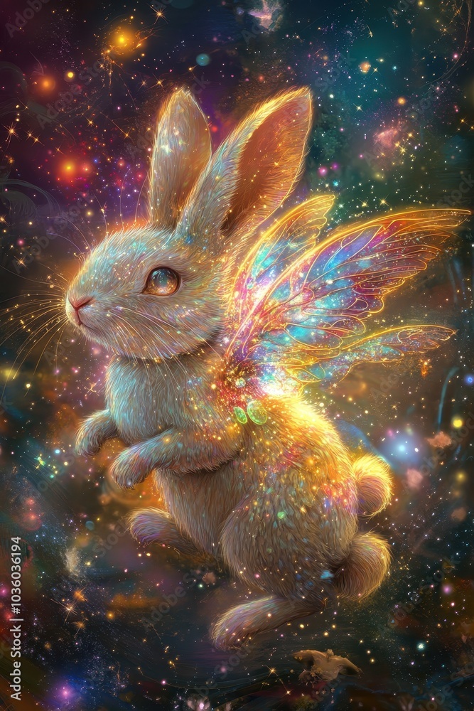 Mystical Rabbit with Glowing Wings in Cosmic Setting Mystical Rabbit with Glowing Wings in Cosmic Setting