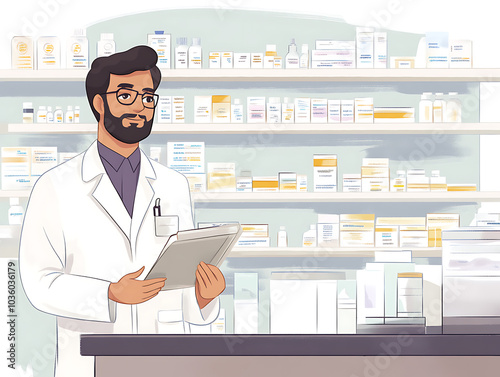 Pharmacist in front of medicine shelves on drug store background